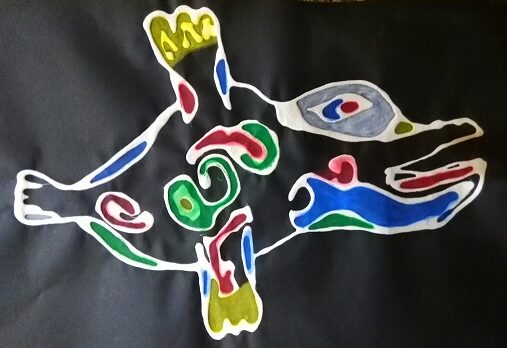 A child's drawing of a very colorful platypus on a back background, suggestive of a video game's non-player character